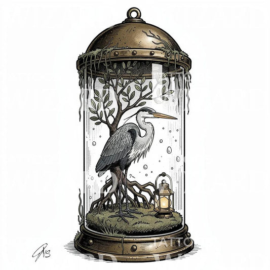 Heron Terrarium Lantern Tattoo Design