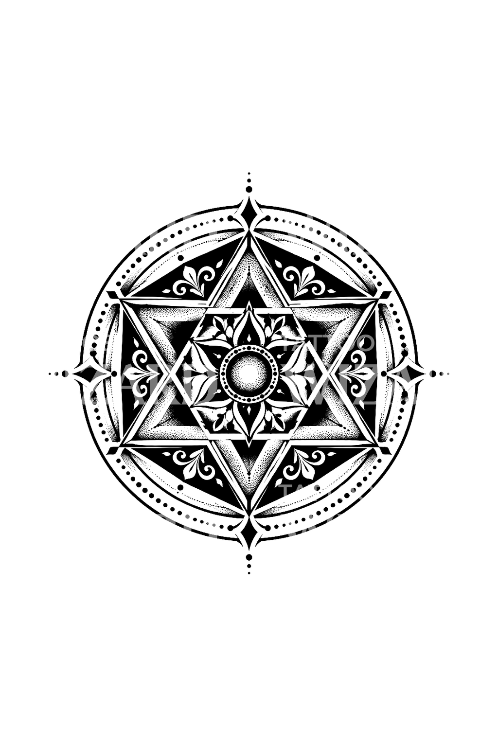 Tatuagem blackwork de mandala com hexagrama e geometria sagrada