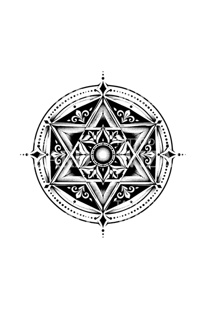 Tatuagem blackwork de mandala com hexagrama e geometria sagrada