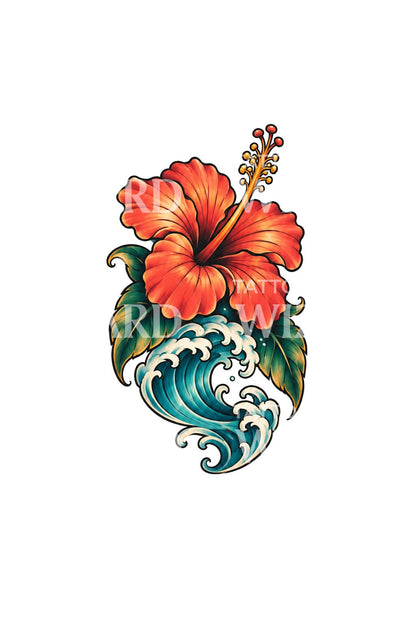 Tatoveringsdesign med hibiskus over en havbølge
