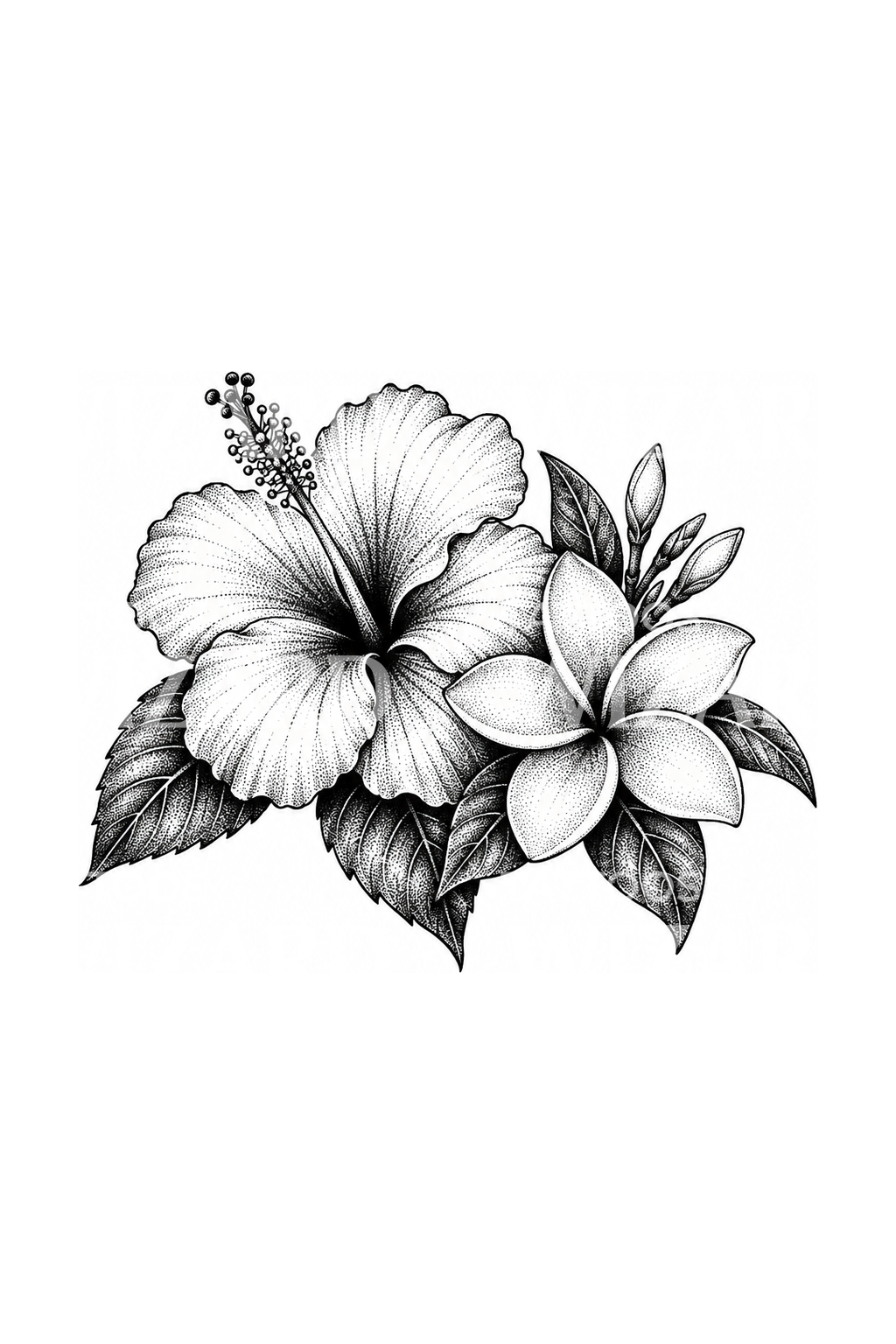Hibiscus and Frangipani Flowers Dotwork Tattoo