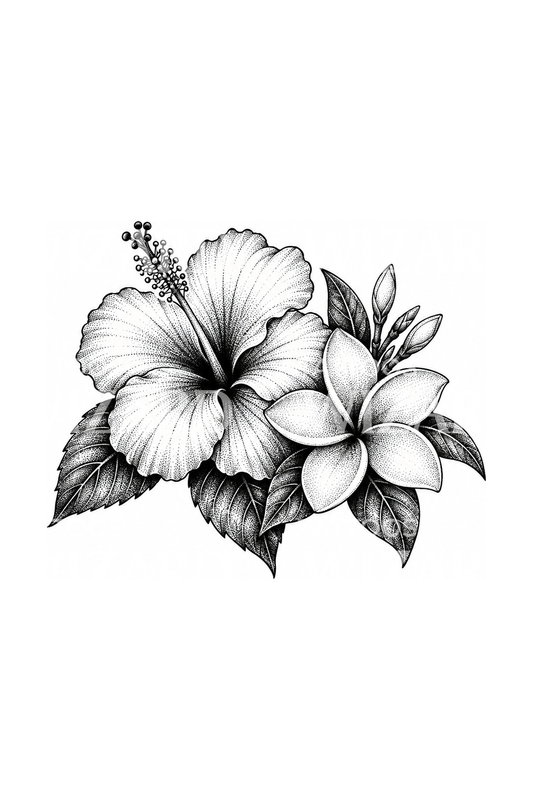 Dotwork tetování ibišku a plumérie
