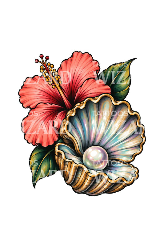 Tatuaggio di ibisco e perla in conchiglia smerlata