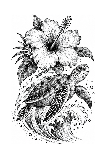 Idé til stiplet tatovering med hibiscus og havskildpadde