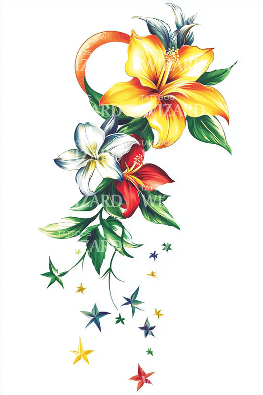 Hibiscus and Stars Tattoo Design