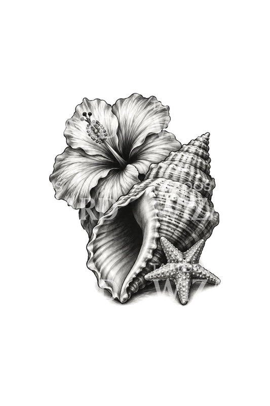 Diseño de tatuaje de hibisco, caracola y estrella de mar en negro y gris