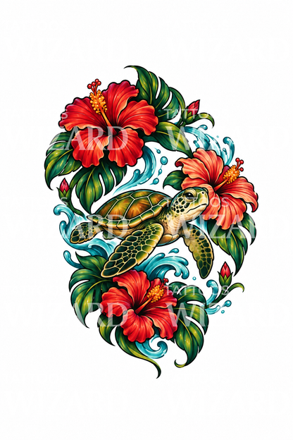 Tattoo-Design mit Hibiskusgirlande und Meeresschildkröte
