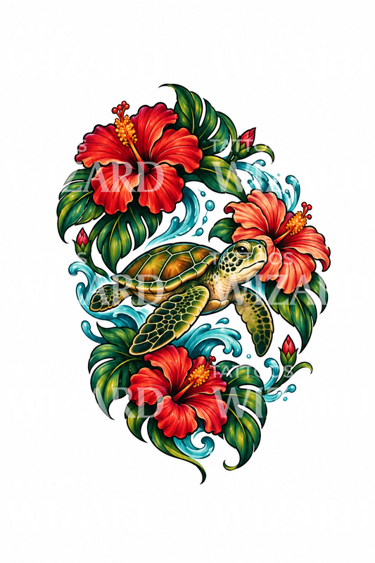 Hibiscus Garland with Sea Turtle Tattoo Design