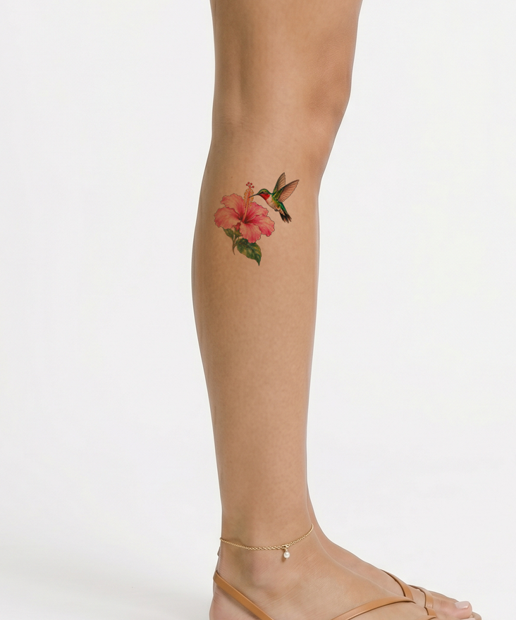 Tatueringsdesign med rosa hibiskus och kolibri