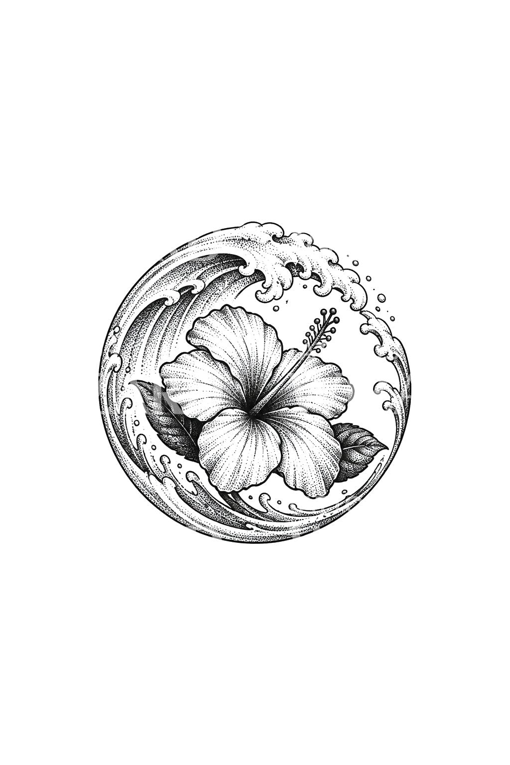 Hibiscus in Curling Wave Circle Tattoo Design