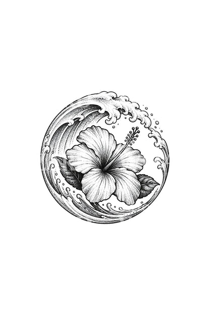 Hibiscus in Curling Wave Circle Tattoo Design