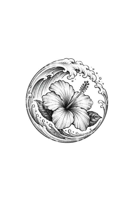 Diseño de tatuaje de hibisco en un círculo de ola envolvente
