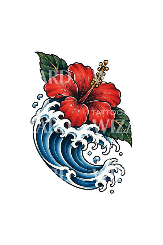 Hibiscus Riding a Great Wave Tattoo Design