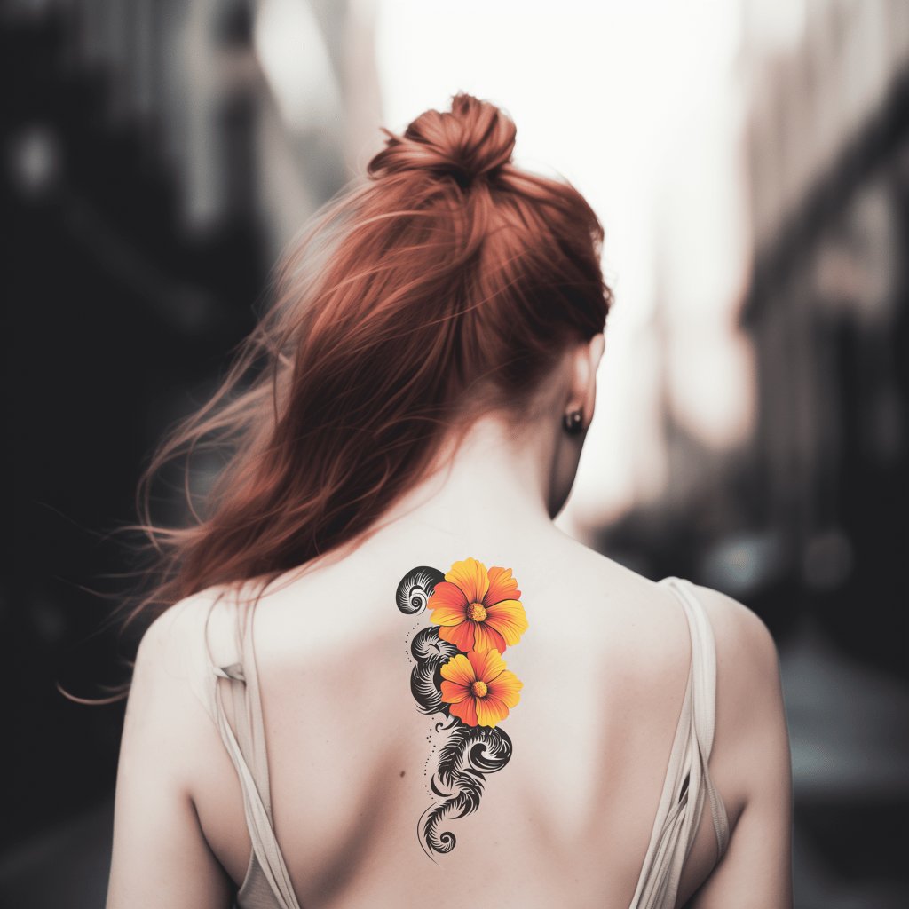 Twin Hibiscus Scroll Tattoo Design