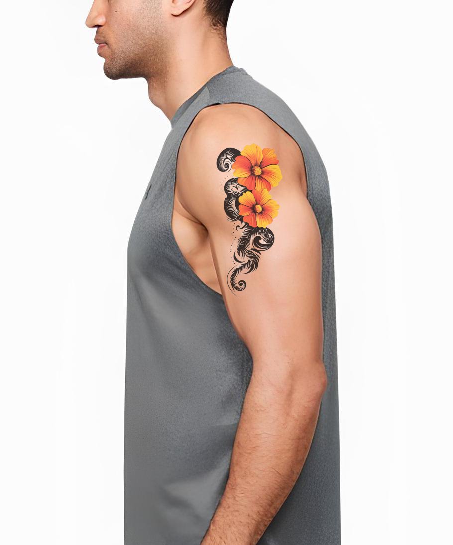 Twin Hibiscus Scroll Tattoo Design