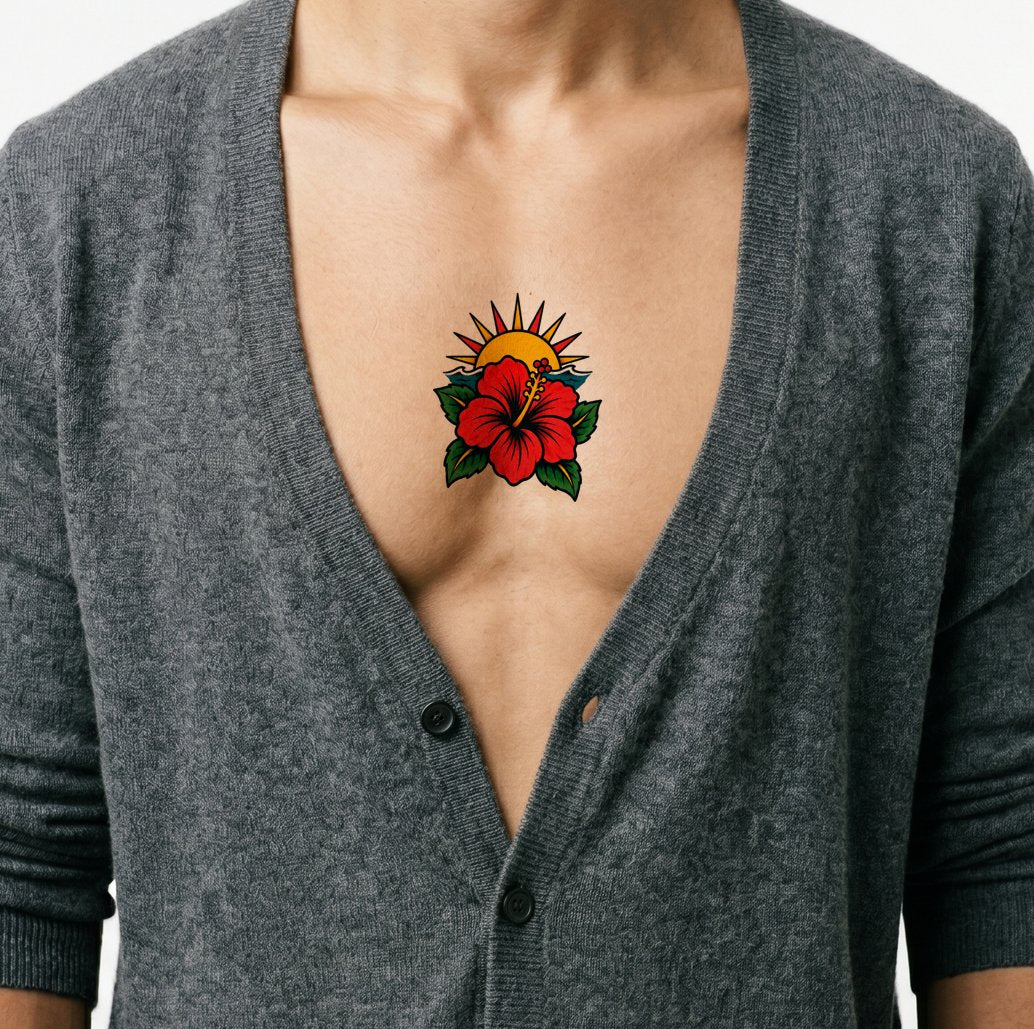 Flash Hibiscus with Setting Sun Tattoo Idea