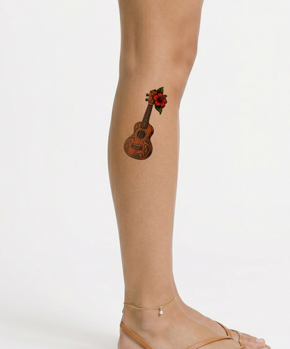 Tattoo-Idee mit Ukulele und rotem Hibiskus