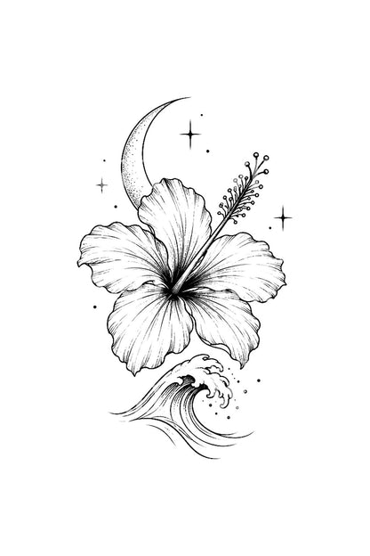 Hibiskusaallon ja puolikuun fine line -tatuointi-idea