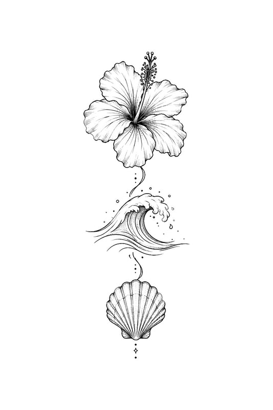 Tattoo-Idee mit Hibiskus, Welle und Muschel