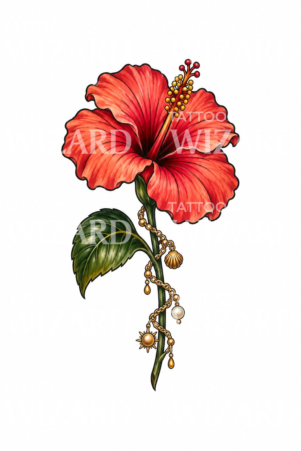 Ilustracja tatuażu hibiskusa ze złotymi zawieszkami bransoletki na kostkę