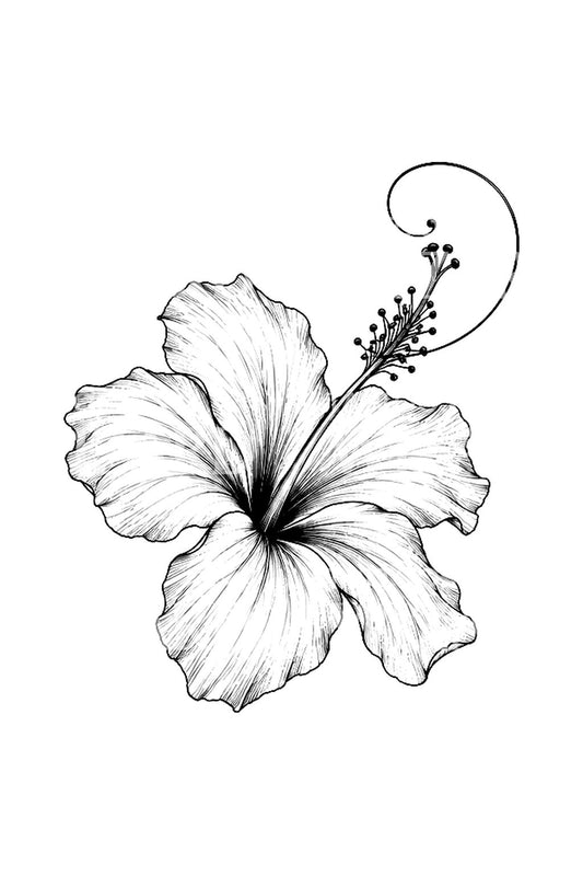 Ideia de tatuagem de hibisco com estame em espiral em linha fina