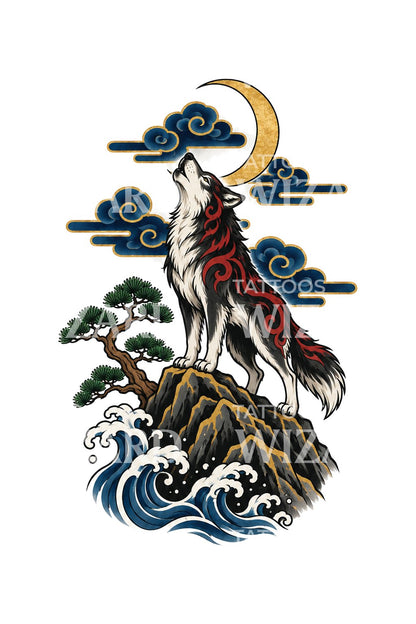 Japonská ilustrace vlka na vysoké stezce s bonsají borovice