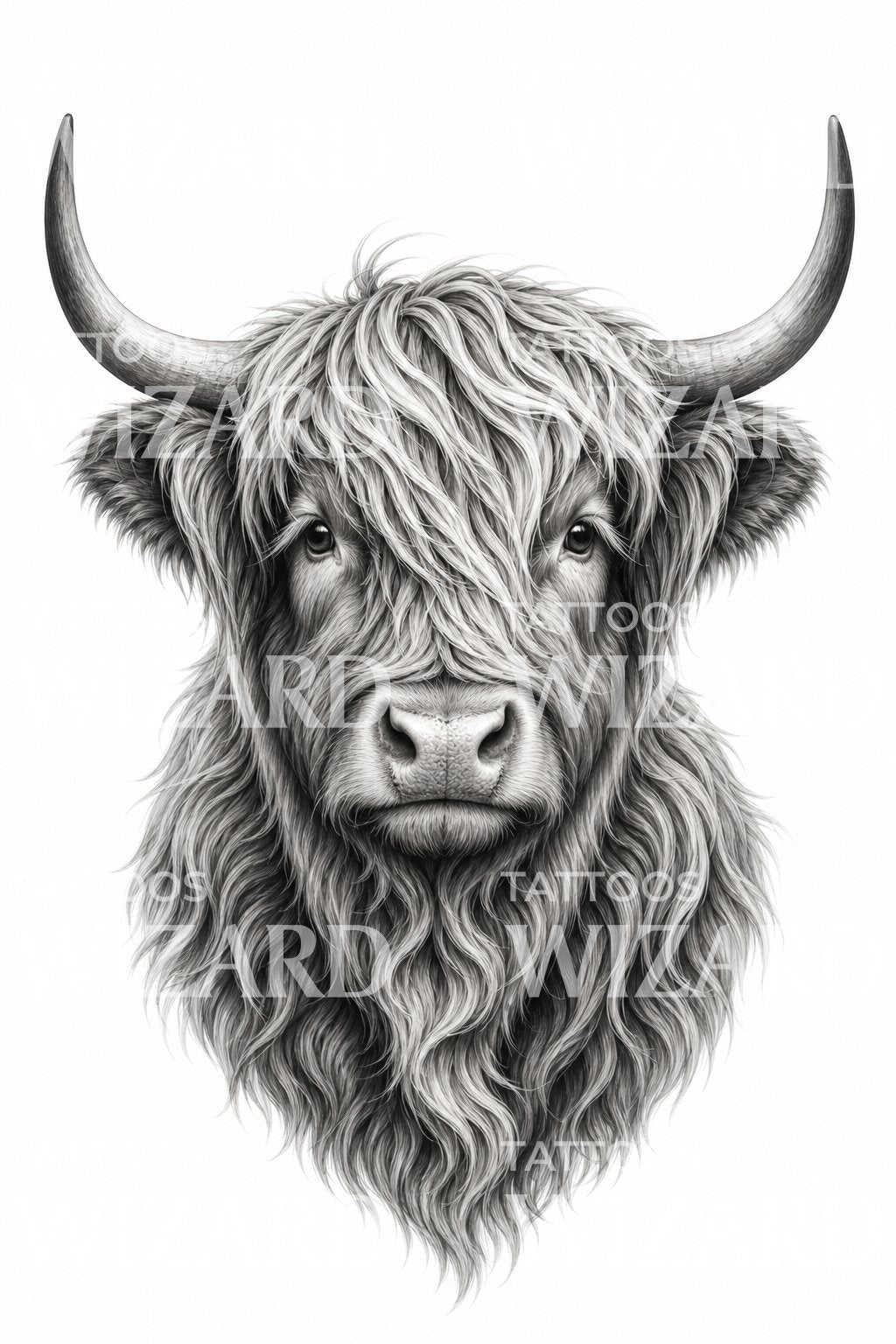 Highland Cow Black and Grey Tattoo Design