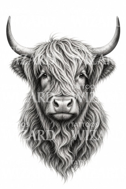 Highland Cow Black and Grey Tattoo Design