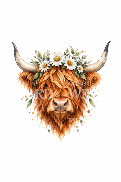 Highland-ku tatoveringsdesign med tusenfrydkrans