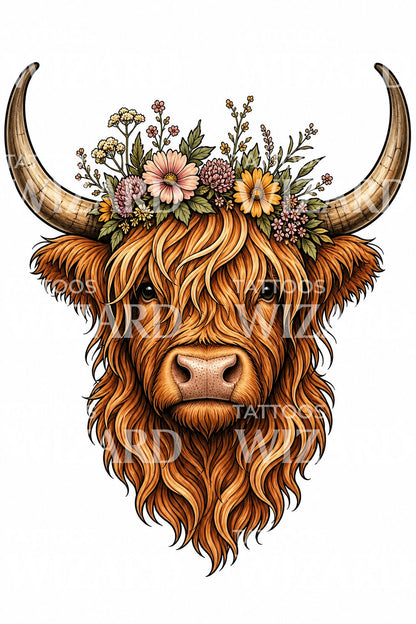 Highland-Rind mit Wildblumen Tattoo-Design