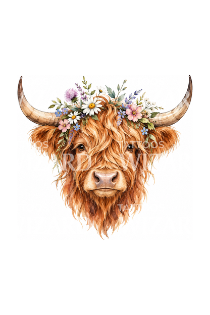 Highland Cow with Flower Crown Tattoo Design