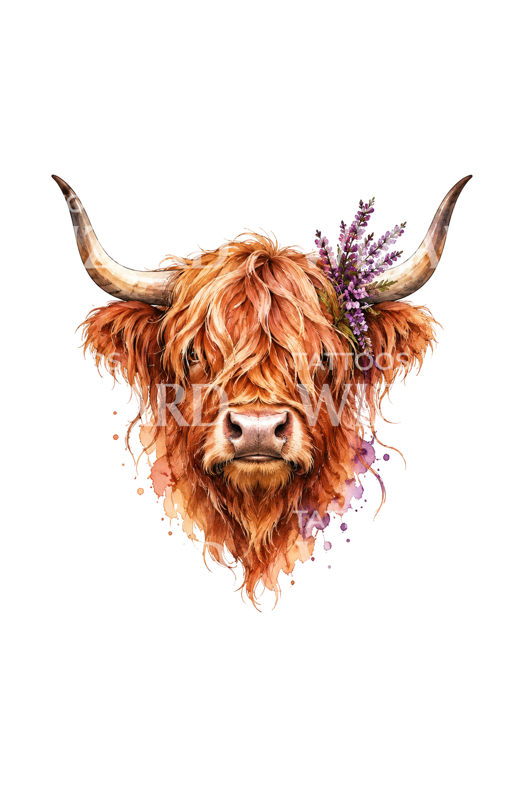 Vaca Highland com urze em tatuagem de aguarela
