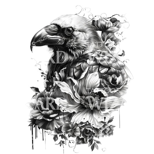 Highly Detailed Raven and Flowers Tattoo Design