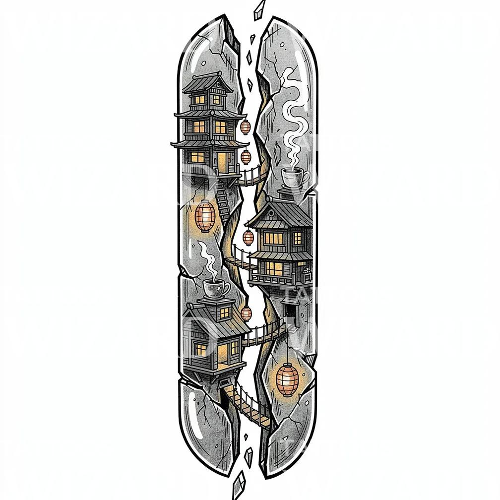 Hillside Teahouse Village Tattoo Design