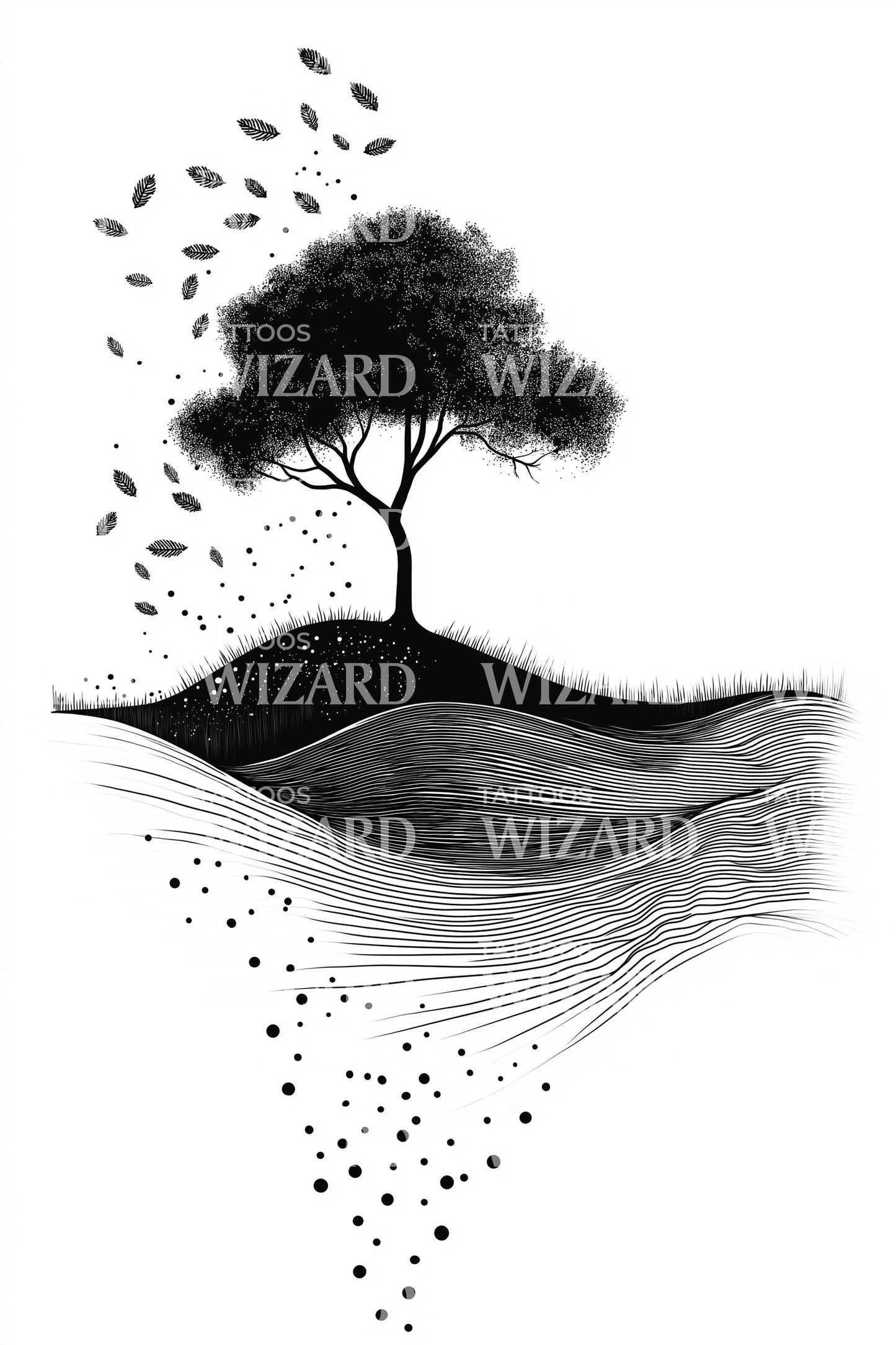 Hillside Tree Drift Tattoo Design