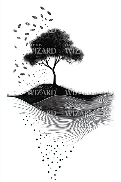 Hillside Tree Drift Tattoo Design