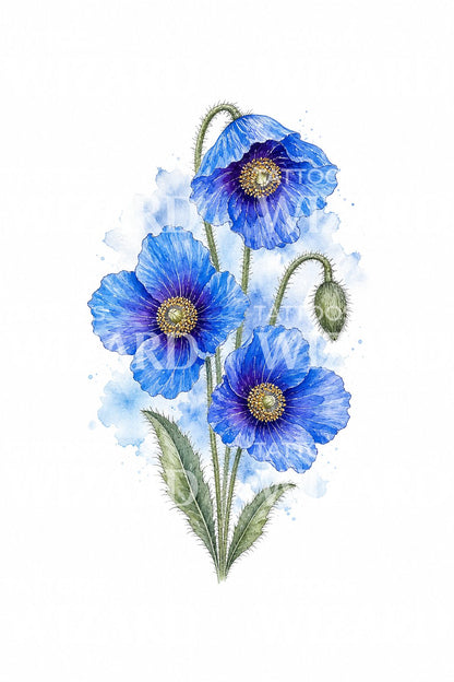 Himalayan Blue Poppy Watercolor Tattoo Idea