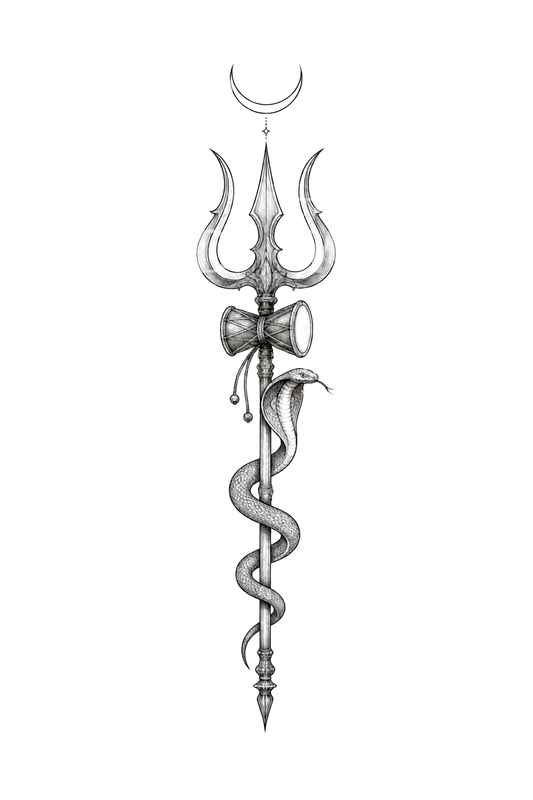 Hindu Shiva Trishul with Damaru Drum and Cobra Tattoo