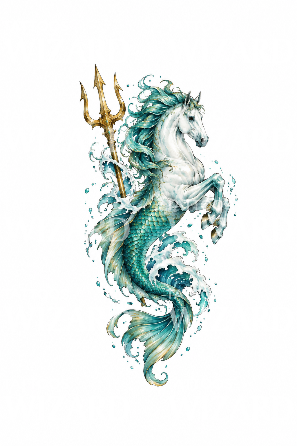 Hippocampus-søhest med trefork, akvarel-tatoveringsdesign