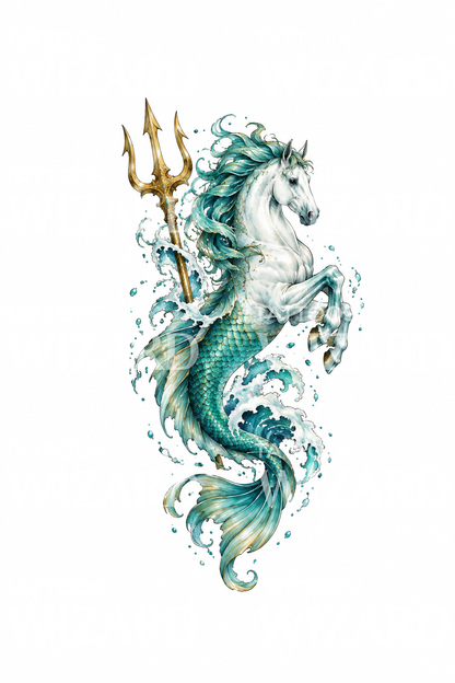 Hippocampus-søhest med trefork, akvarel-tatoveringsdesign