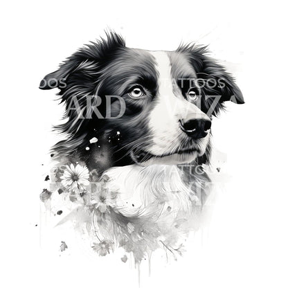 Border Collie Portrait Black & Grey Tattoo Design