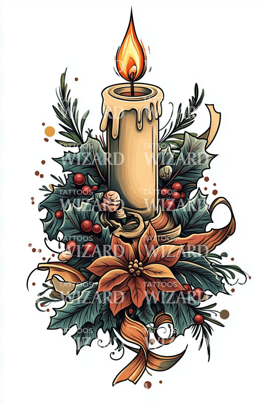 Holiday Candle Berries Tattoo Design
