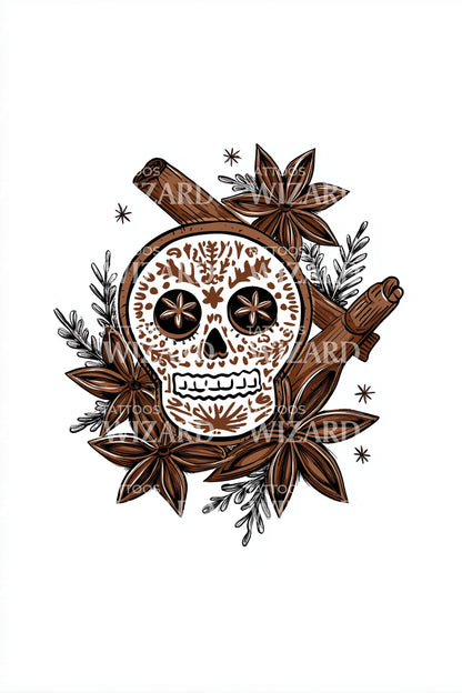 Holiday Spice Sugar Skull Tattoo Design