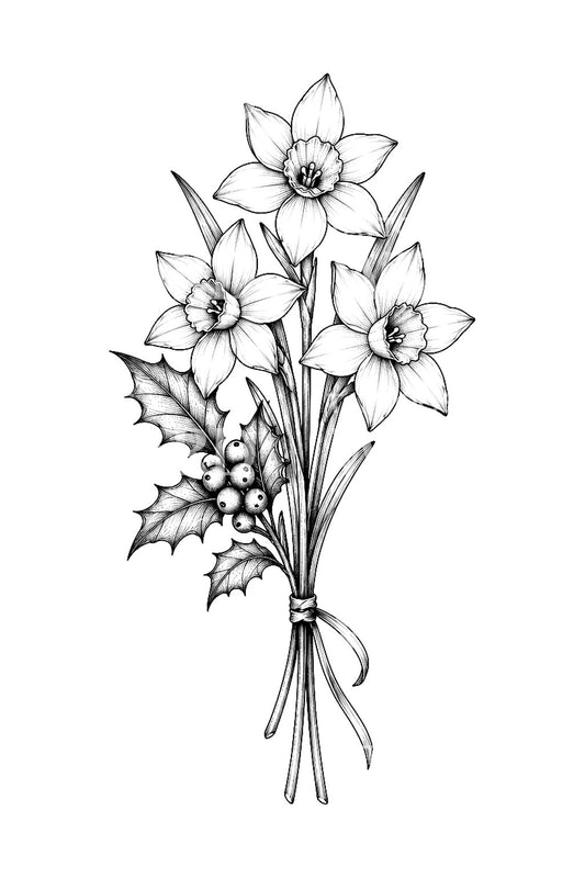 Tatueringidé med järnek och narcisser