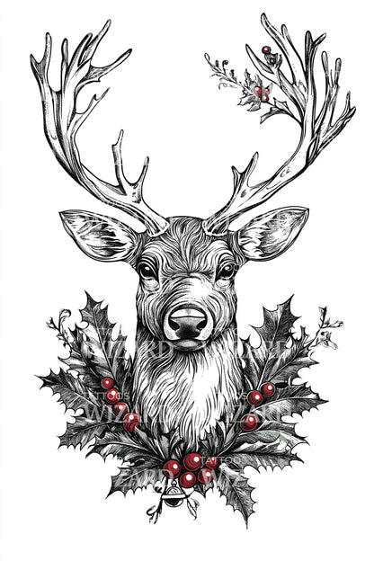 Holly Berry Reindeer Tattoo Illustration