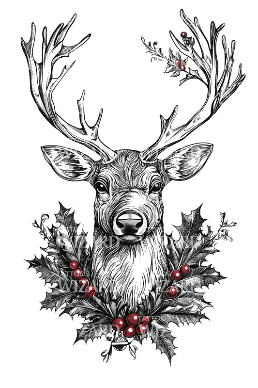 Holly Berry Reindeer Tattoo Illustration
