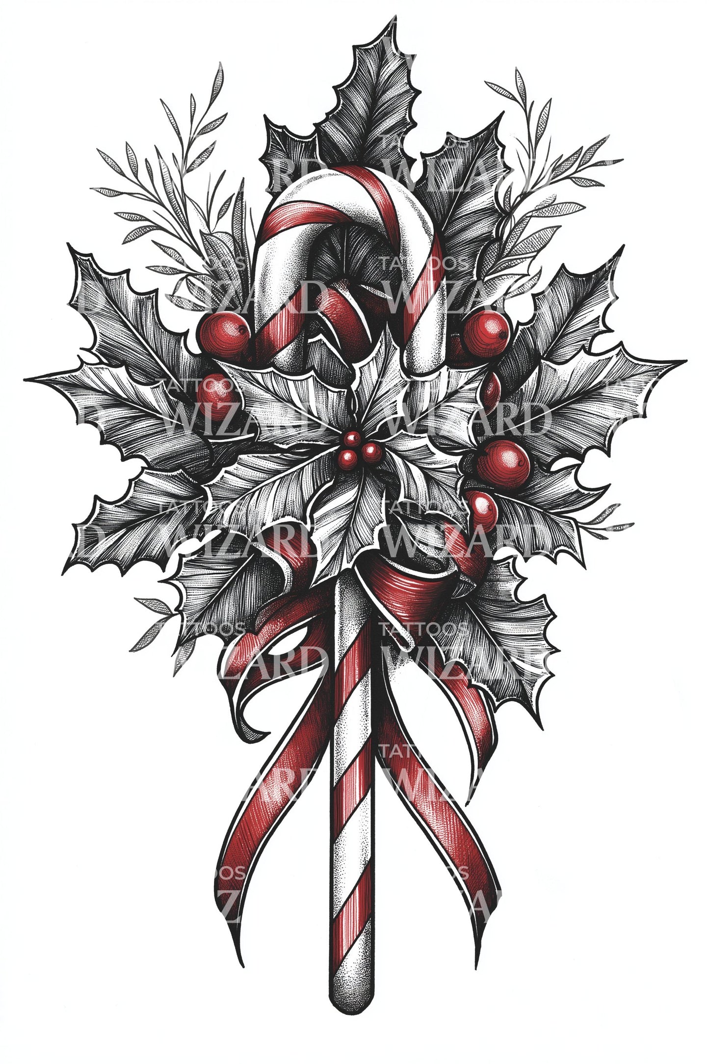 Holly Bouquet Candy Cane Tattoo Illustration