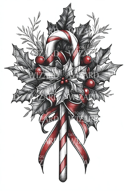 Holly Bouquet Candy Cane Tattoo Illustration