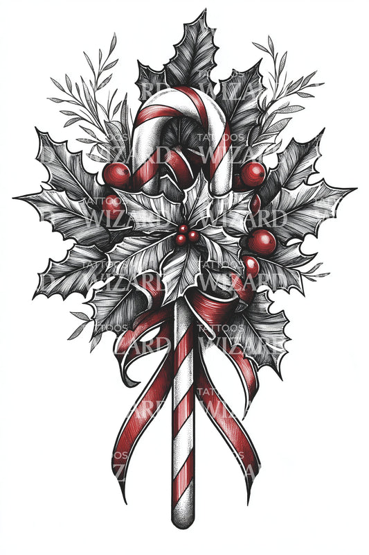 Holly Bouquet Candy Cane Tattoo Illustration