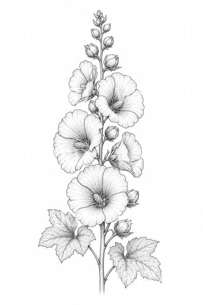 Hollyhock Spire Fine Line Tattoo Design